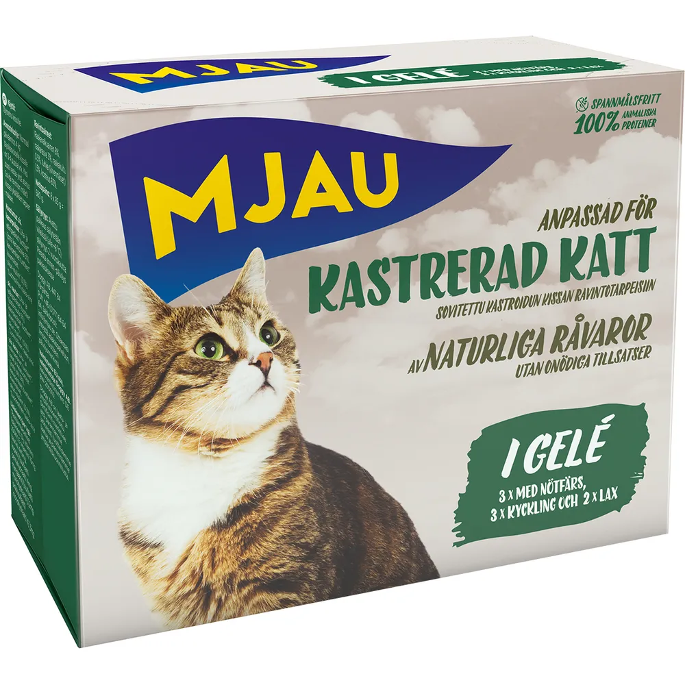 Mjau Våtfôr i porsjonsposer for kastrerte katter, Multibox – i gelé (8x85g)